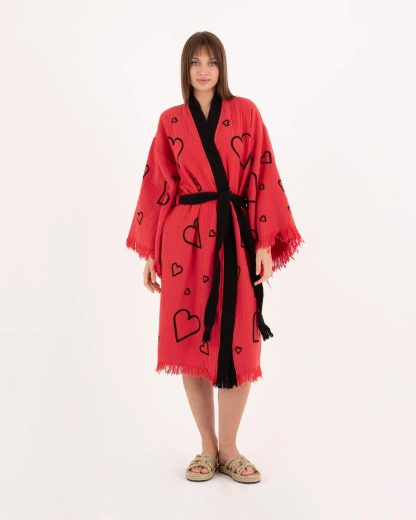 Heart Print Tassel Edge Bathrobe - Image 3