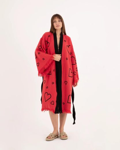 Heart Print Tassel Edge Bathrobe - Image 2