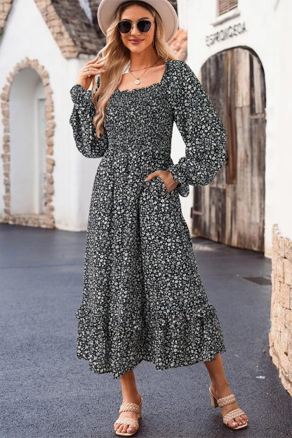 French floral square neck dress