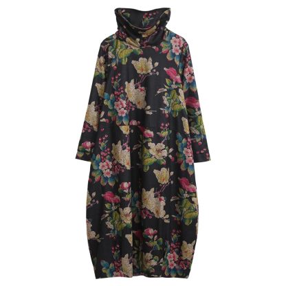 Black background floral high collar long sleeve dress - Image 6