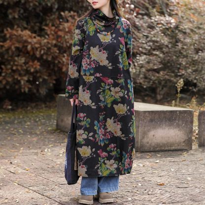 Black background floral high collar long sleeve dress