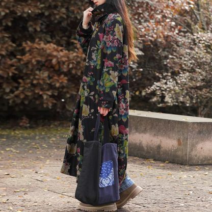 Black background floral high collar long sleeve dress - Image 4