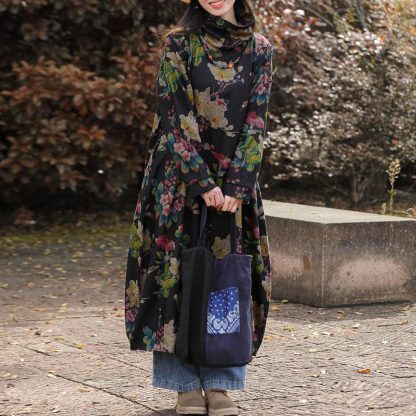 Black background floral high collar long sleeve dress - Image 3