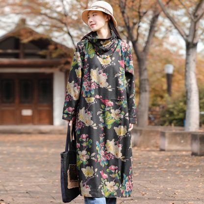 Black background floral high collar long sleeve dress - Image 2