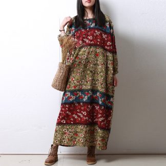 Contrast color stitching retro print maxi skirt