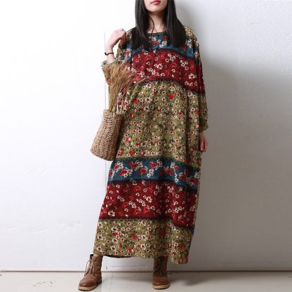 Contrast color stitching retro print maxi skirt