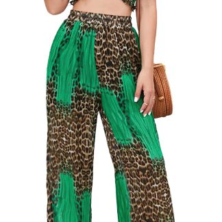 Women's Backless Cropped Top and Leopard Print Patchwork Pants Set