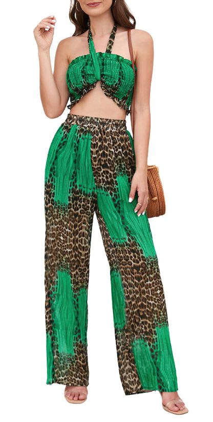 Women's Backless Cropped Top and Leopard Print Patchwork Pants Set