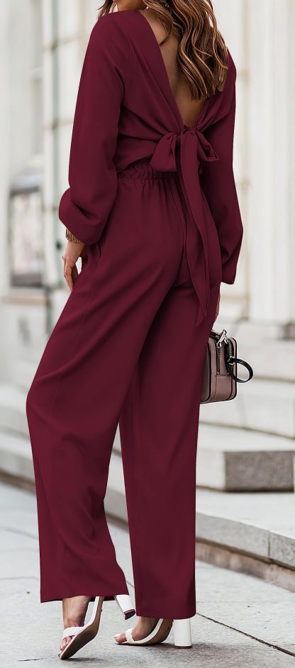 Women's Bow Lantern Sleeve Wide Leg Jumpsuit - Image 5