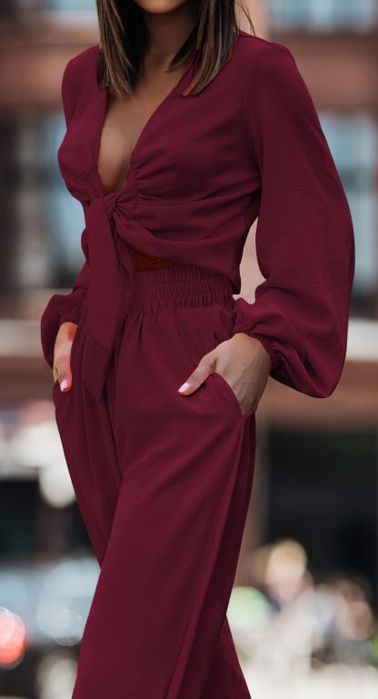 Women's Bow Lantern Sleeve Wide Leg Jumpsuit - Image 3