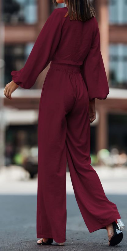 Women's Bow Lantern Sleeve Wide Leg Jumpsuit - Image 2