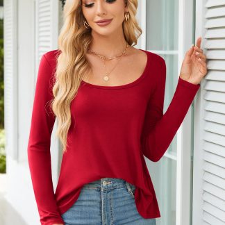 Retro square neck long sleeve curved hem top