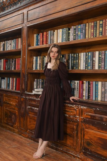 Square Neck Puff Sleeve Linen Dress - Image 6