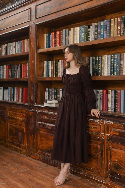 Square Neck Puff Sleeve Linen Dress - Image 5