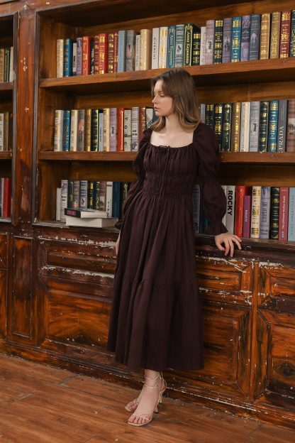 Square Neck Puff Sleeve Linen Dress