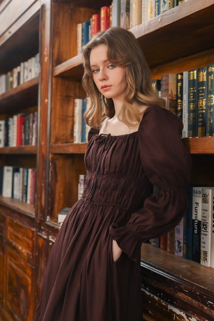 Square Neck Puff Sleeve Linen Dress - Image 2