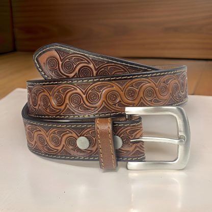 Hand-engraved vintage leather belt