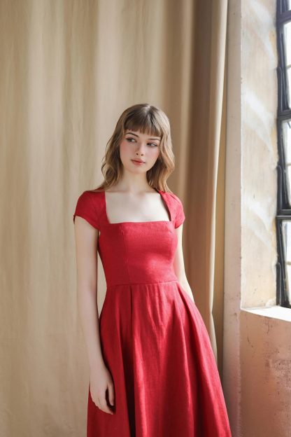 French retro square neck red dress - Image 6