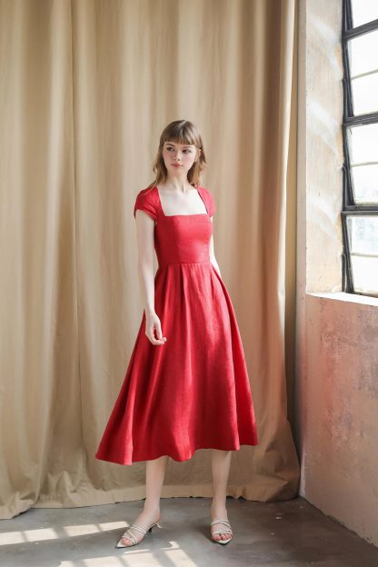 French retro square neck red dress - Image 5