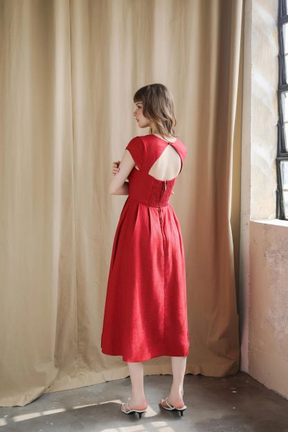 French retro square neck red dress - Image 4