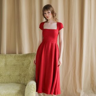 French retro square neck red dress
