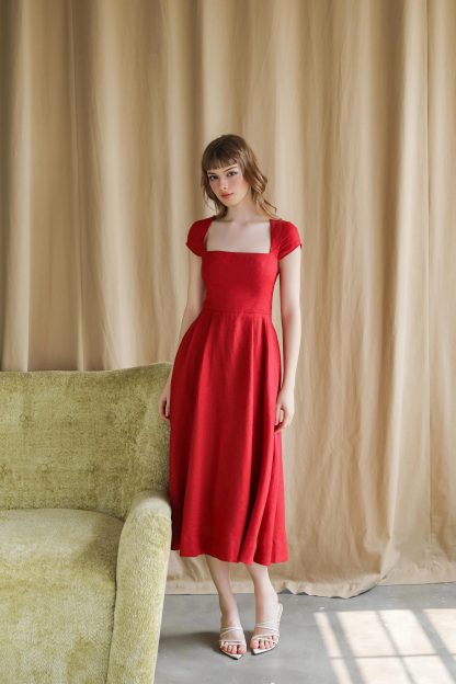 French retro square neck red dress