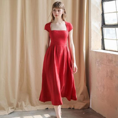 French retro square neck red dress - Image 2