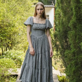 French retro plaid square neck dress