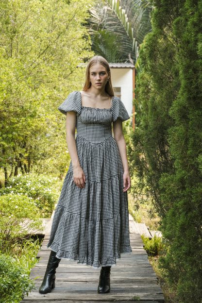 French retro plaid square neck dress