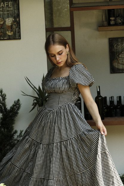 French retro plaid square neck dress - Image 5