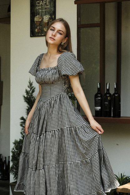 French retro plaid square neck dress - Image 4