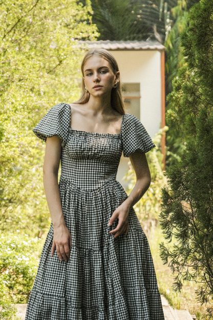 French retro plaid square neck dress - Image 3