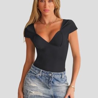 Women's Black Deep V-Neck Short Sleeve Cropped Top