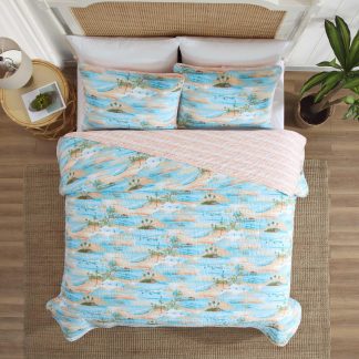 Seaside Coconut Tree Print Three-Piece Bedspread Set