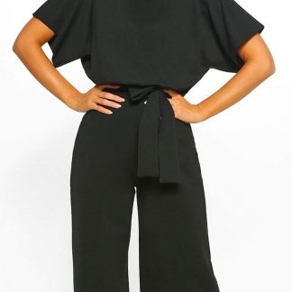 Women's boat neck tie wide-leg jumpsuit