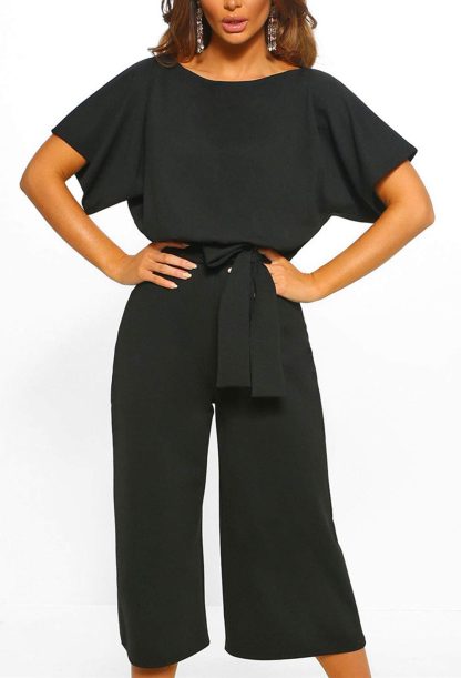 Women's boat neck tie wide-leg jumpsuit