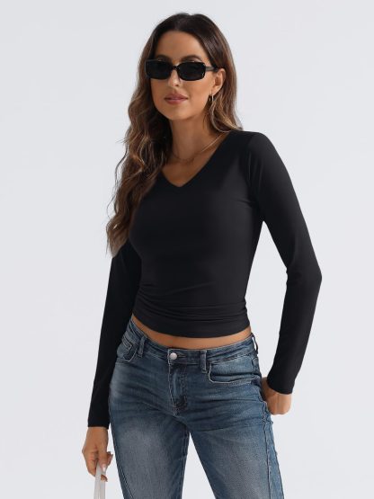 Women's Black V-Neck Long Sleeve Cropped Top - Image 3