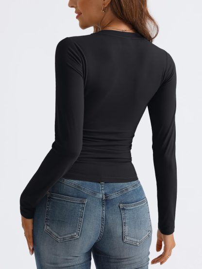 Women's Black V-Neck Long Sleeve Cropped Top - Image 2