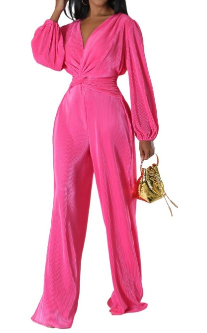 Women's Twisted Lantern Sleeve Wide-Leg Jumpsuit