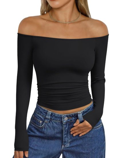 Women's black off-the-shoulder long-sleeved cropped top - Image 5