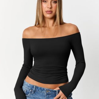 Women's black off-the-shoulder long-sleeved cropped top