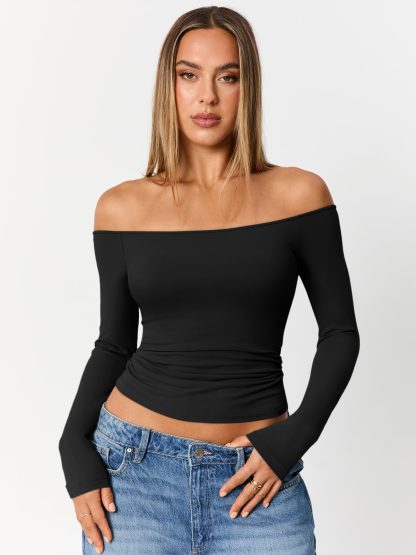 Women's black off-the-shoulder long-sleeved cropped top