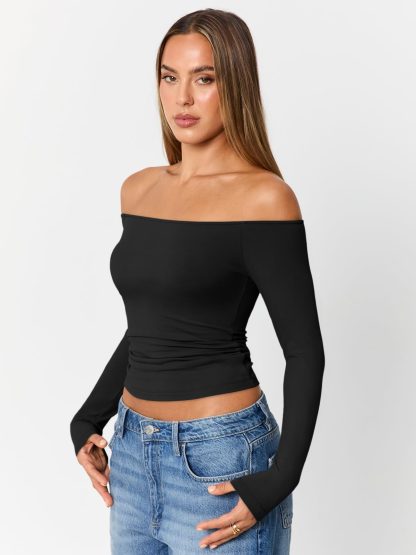 Women's black off-the-shoulder long-sleeved cropped top - Image 3