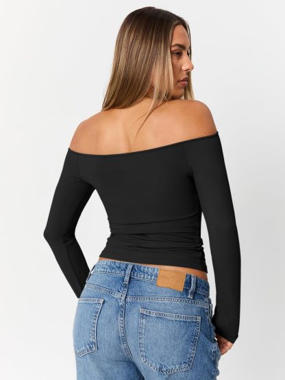 Women's black off-the-shoulder long-sleeved cropped top - Image 2