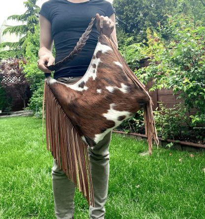 Handmade cowhide and suede tassel hobo bag - Image 3