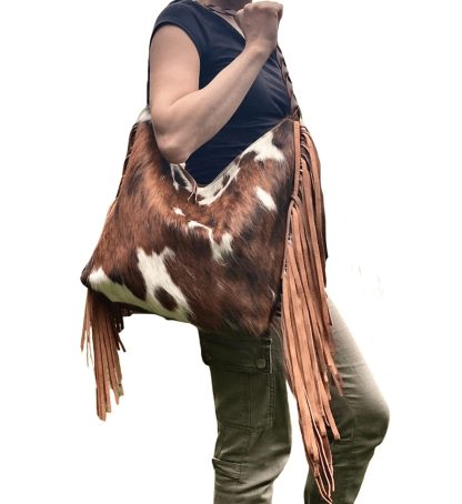 Handmade cowhide and suede tassel hobo bag