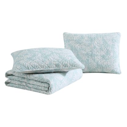 Light blue leaf-patterned quilted three-piece bedspread set - Image 6