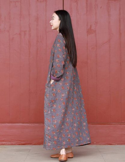 Retro floral stand collar long dress - Image 7