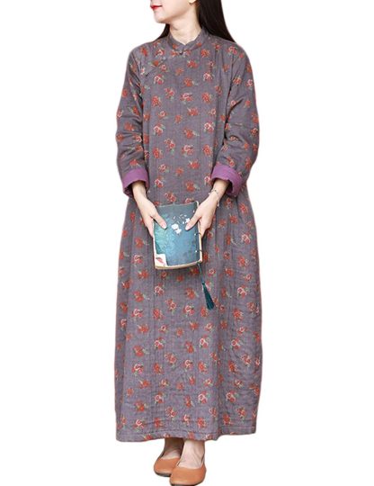 Retro floral stand collar long dress - Image 6