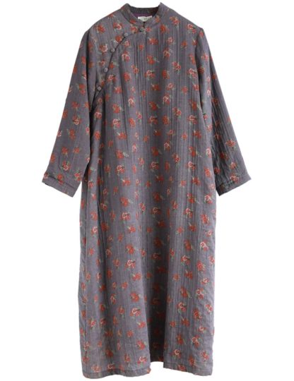 Retro floral stand collar long dress - Image 5